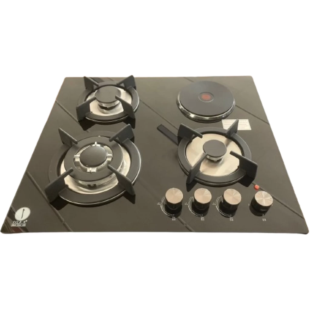 IQRA 60cm Built-in Hob; 3 Gas Burners + 1 Hotplate, Pulse-Ignition, Glass Top, Cast Iron Pan Supports, IQ-KH4002EG