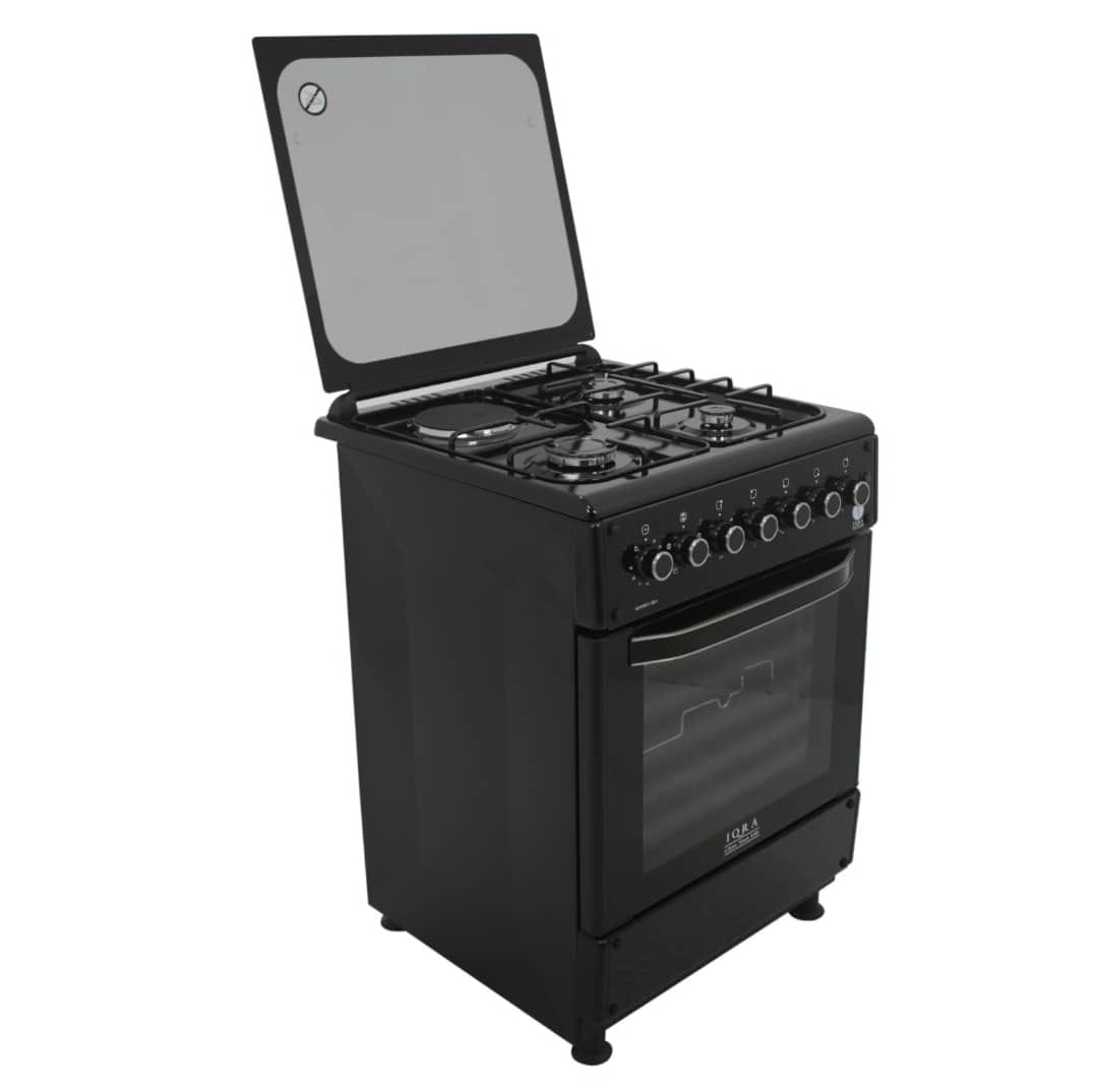 IQRA 60x60cm Cooker, 3 Gas Burners + 1 Hotplate, Auto Ignition, Black, Electric Oven and Grill, Rotisserie, IQ-FC6011-BLK