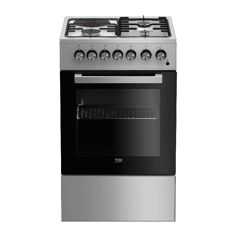 Beko 50x60cm Cooker, FSS53110GS; 3 Gas Burners + 1 Hotplate Hob, Electric Oven, Grill, Rotisserie, Glass Lid, Silver