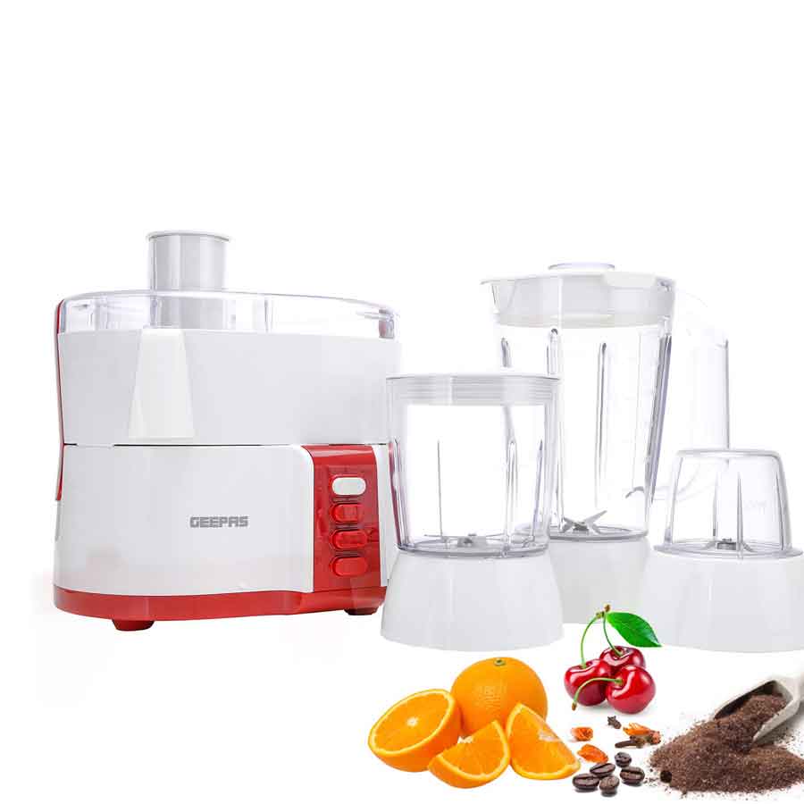 Geepas 4-In-1 Food Processor, Blender, Juicer, 2-Speed With Pulse Function, 600W, Mixture and Coffee Mill Included, Plastic, GSB 9890