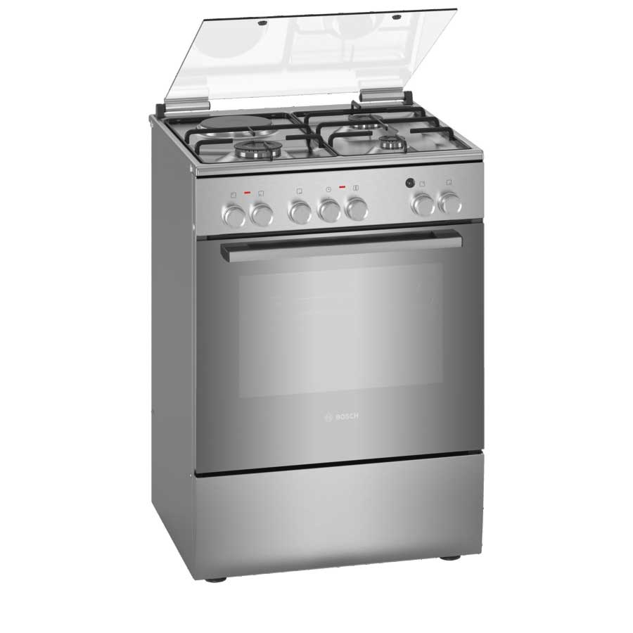 Bosch 60x60cm Freestanding Cooker, 3 Gas Burners + 1 Electric Hotplate, Electric Oven and Grill, Rotisserie, Stainless Steel, HXA158F50S