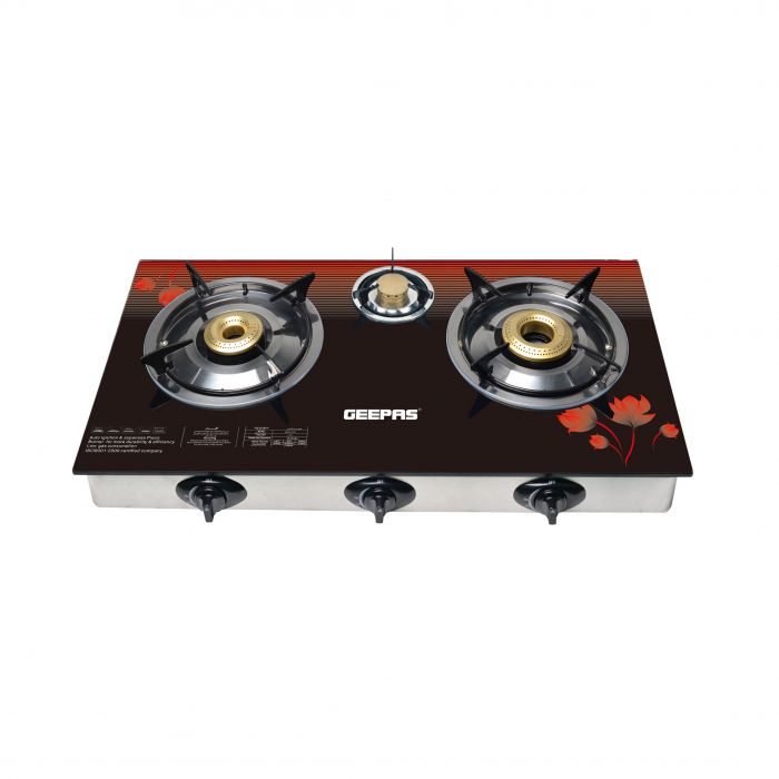 Geepas GGC31012 3-Burner Gas Cooker Size 70mm, 40mm & 90mm Respectively - Ergonomic Design, Automatic Ignition, 3 Heating Zones |Stainless Steel Frame & Tray