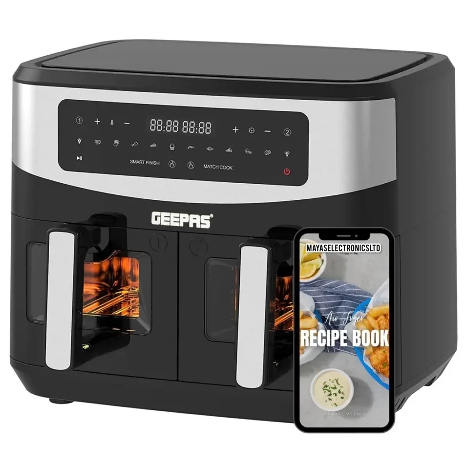Geepas 9 L Dual Basket Digital Air Fryer, with VORTEX Air Frying Technology, Oil Free Cooking (GAF37525UK)