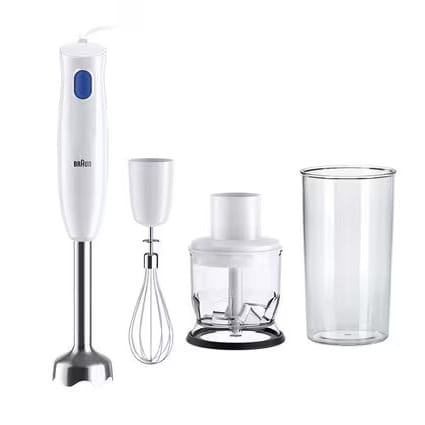 Braun Hand Blender, 450w, Stainless Steel Blades with Plastic Beakers + Whisk & Chopper, MQ10.202MWM