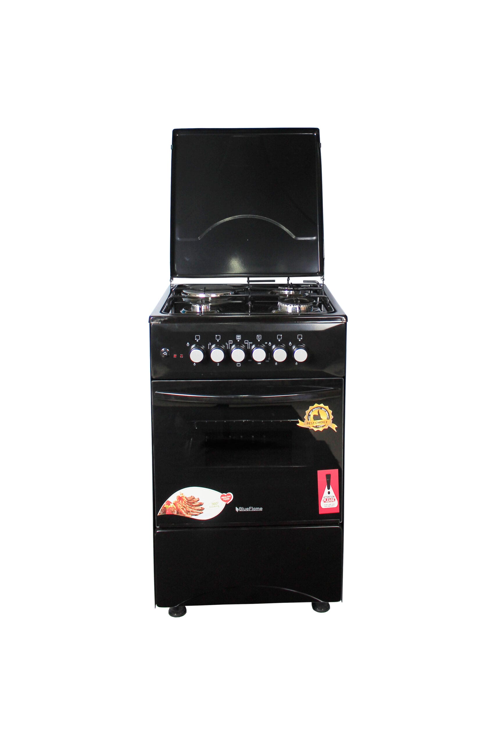 Blueflame Cooker, 50x50cm, 3 Gas Burners & 1 Electric Plate with Electric Oven, Black, C5031E–B