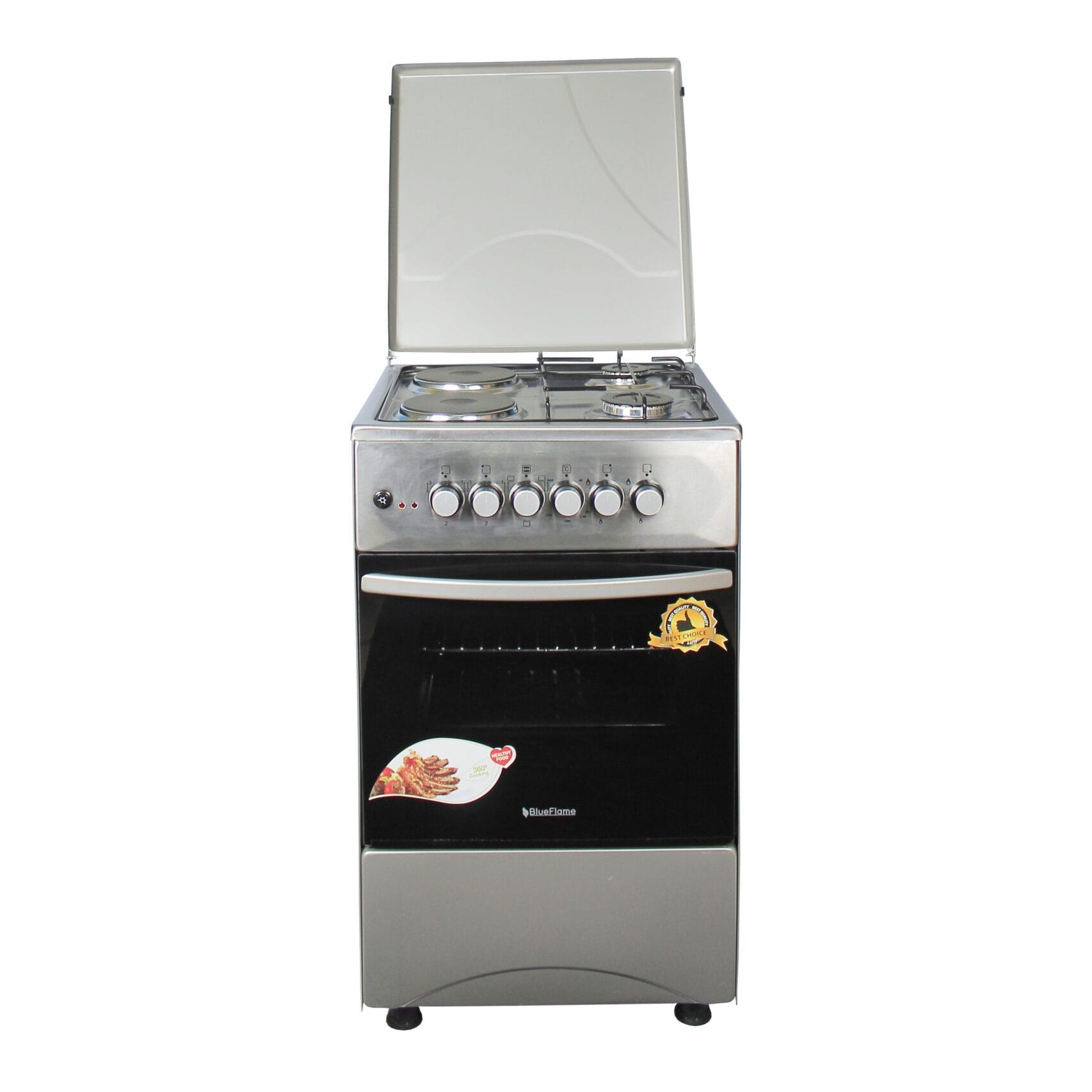 Blueflame Cooker, 50x50cm, 2 Gas Burners and 2 Electric Plates, Electric Oven, Stainless Steel,  C5022E–I