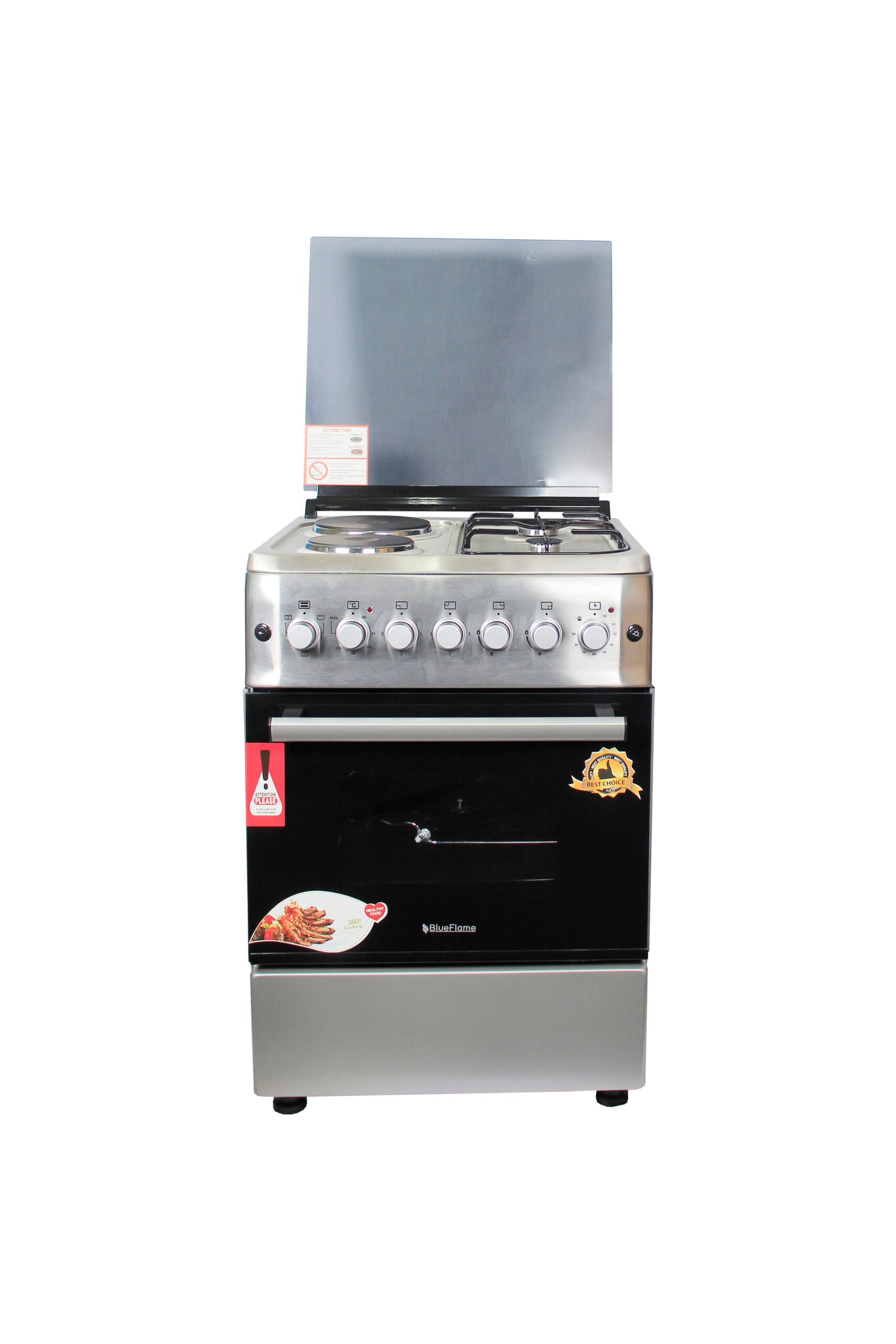 BlueFlame Cooker, 60x60cm, 2 Gas Burners and 2 Electric Plates with Electric Oven, S6022ER–IP