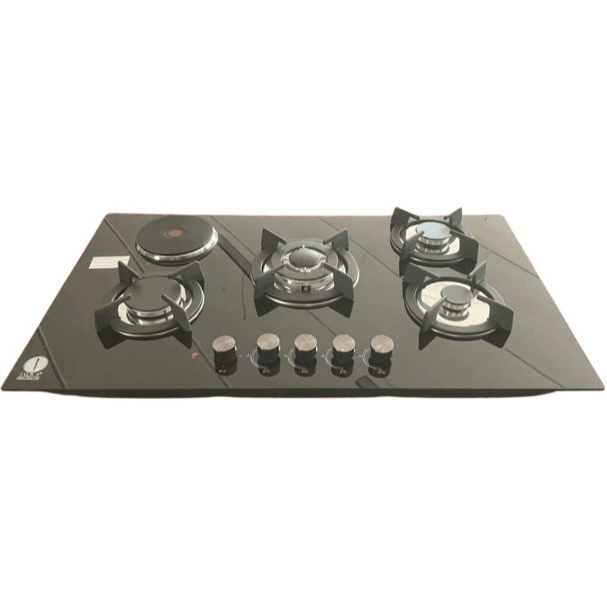 IQRA 90cm Built-in Hob, 4 Gas + 1 Electric, Glass Top, Pulse Ignition, Cast Iron Pan Supports, IQ-KH5002EG