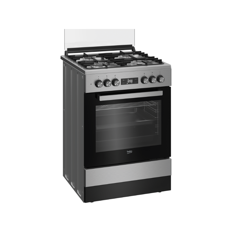 Beko 60x60cm Gas Cooker, FSM61330DXDSL; 3 Gas + 1 Wok Burner, Fan-assisted Electric Oven + Grill, Cast Iron Supports, Flame Failure Device, Inox Finish