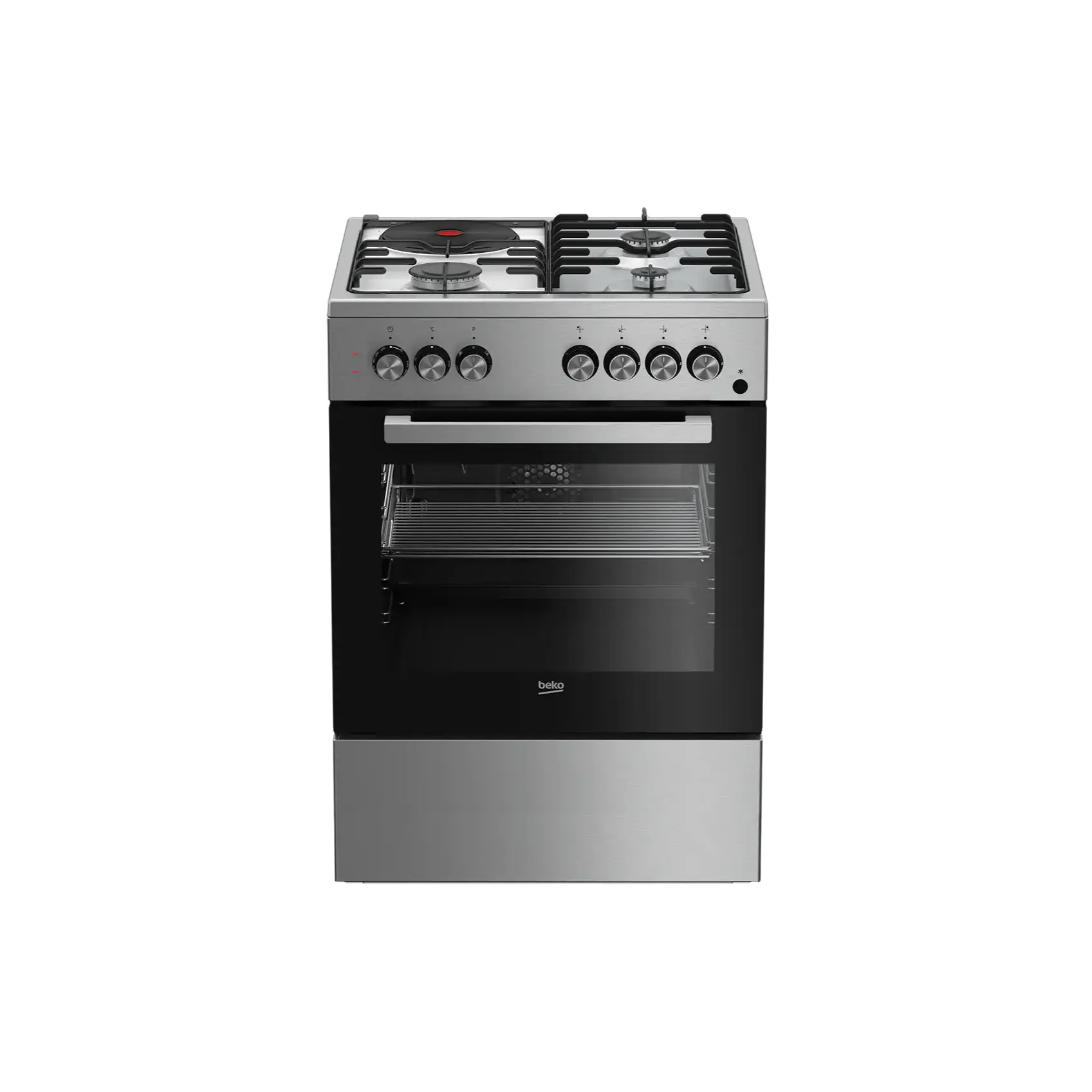 Beko 60x60cm Cooker FDF63110DXSL; 3 Gas + 1 Electric Plate, Double Electric Oven + Grill, Fan Assisted, Cast Iron Pan Supports, Flame Failure Device, Pizza Tray, Inox Finish