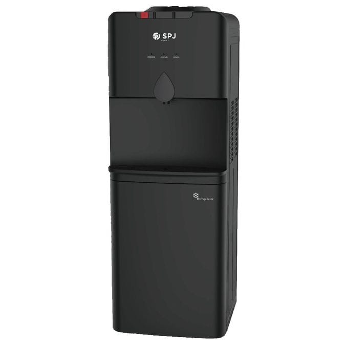 SPJ 3-Taps Top Load Water Dispenser with Refrigerator; Hot, Cold, and Normal, Black