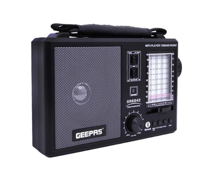 Geepas GR6842 Rechargeable Radio - BT/USB/SD /TF Music Player | Bluetooth Speaker | Lightweight Portable FM Radio | 10 Band Radio | Stylish Retro Design