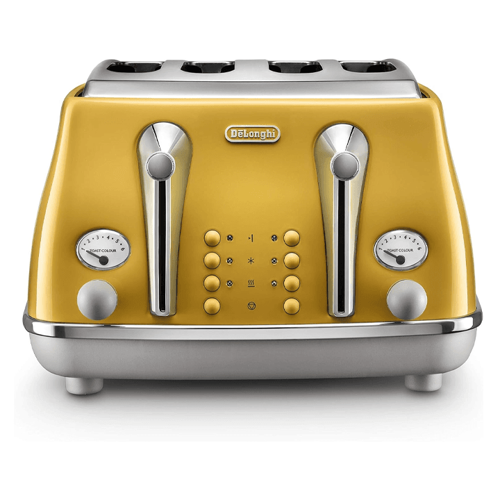De'Longhi Icona Capitals Red Vintage Style 4 Slice Toaster, 6 Browning Levels, 4 Extra Wide Bread Slots, Defrost and Reheat Functions, Removable Crumb Tray, CTOC4003