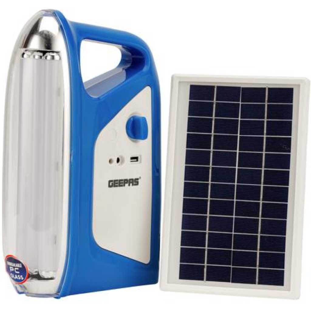 Geepas GSE5583 Rechargeable Emergency Solar Lantern with Panel, White and Blue, 4V, 6000mAh