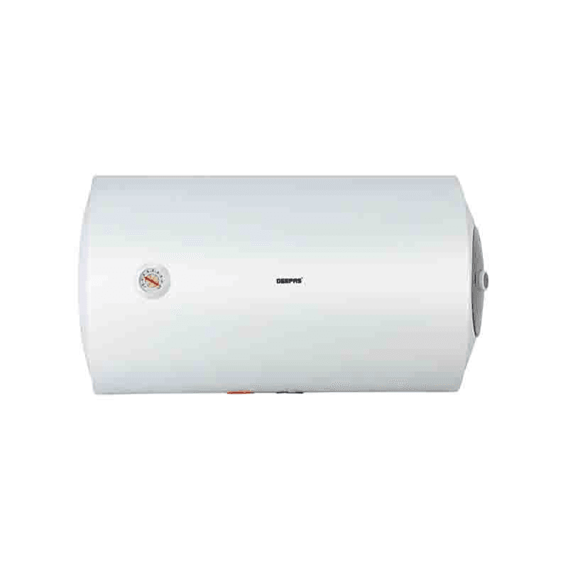 Geepas 100L Electric Instant Water Heater GSW61171 – Horizontal Design, 15–75°C Adjustable Temperature, Metal Body with Italian Powder-Coated Tank, G-Mark & ESMA Certified, White