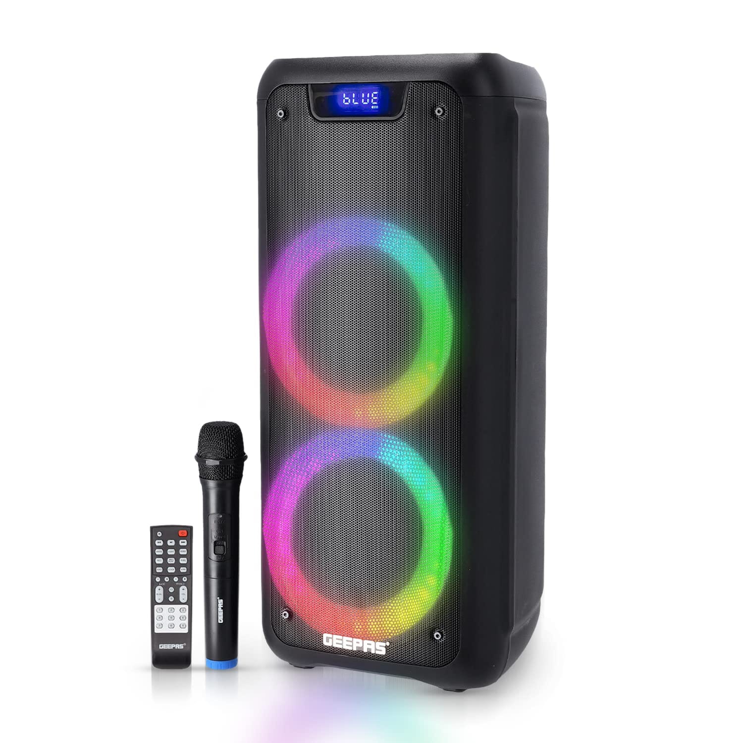 Geepas Rechargeable Professional Speaker, 40000W PMPO, GMS11168,TWS Connection, BT/FM/USB/TF Card | LED Display,Wireless Microphone,7.4V/3000mAh Lithium Battery