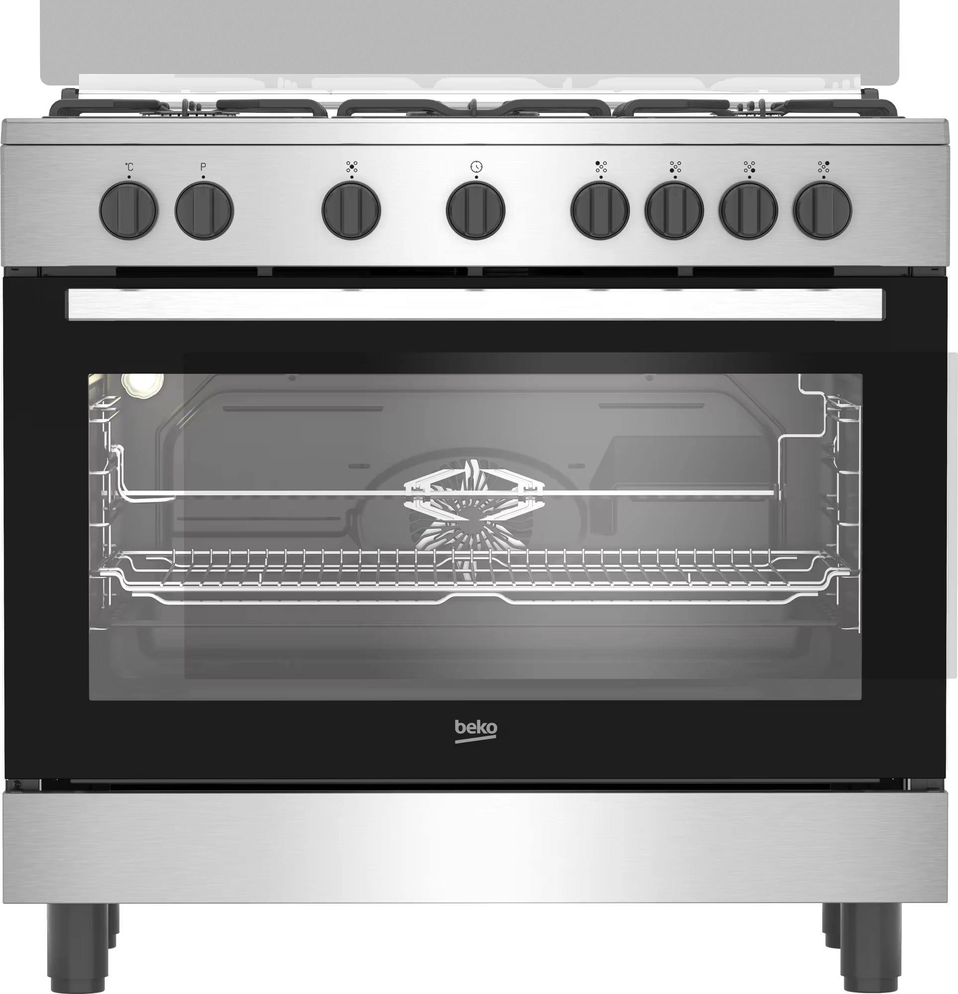 Beko BGM 12125 EX 90cm Freestanding Dual-Fuel Cooker – 4 Gas Burners, 1 Wok Burner, Electric Oven, Fan Oven, Stainless Steel