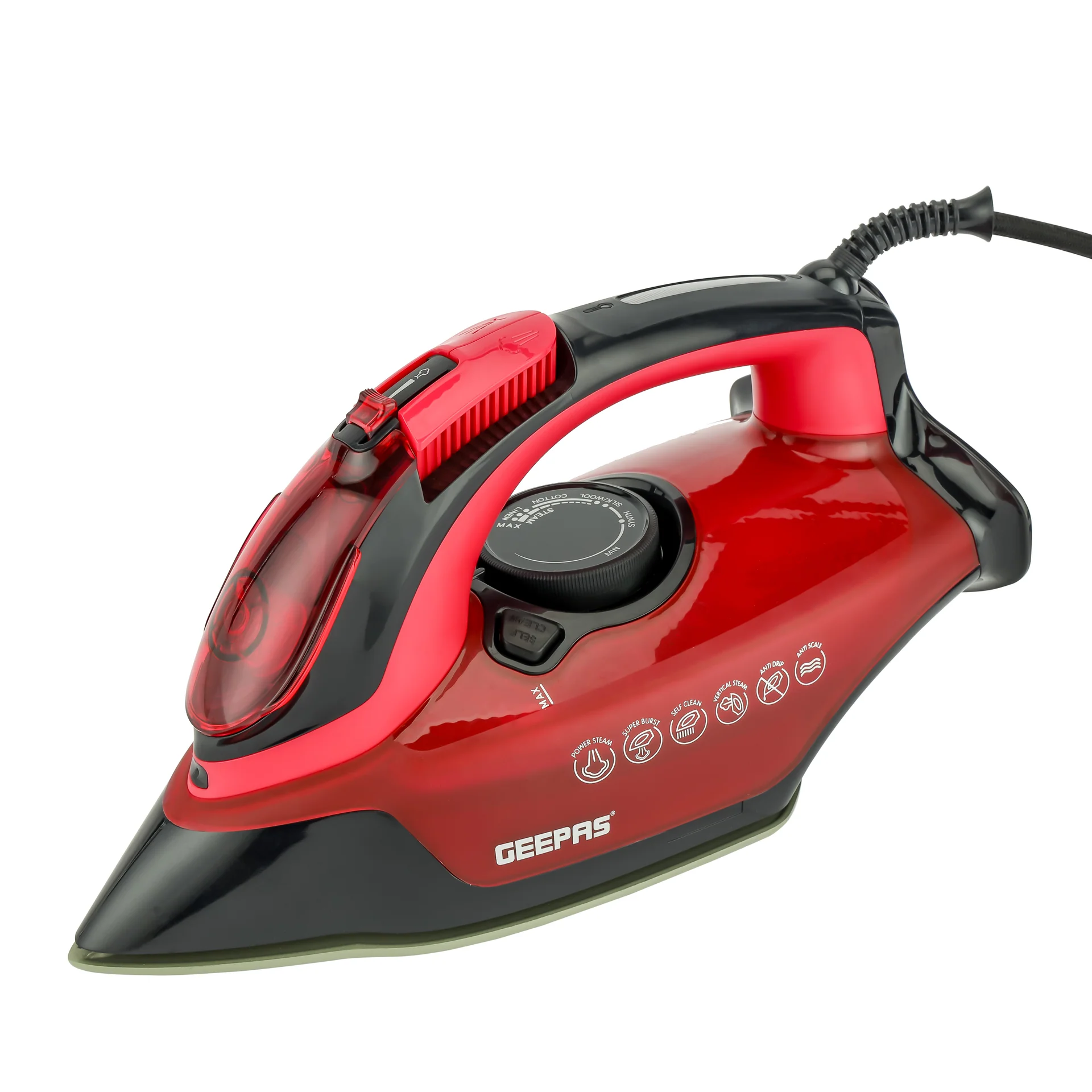 GEEPAS CERAMIC STEAM IRON GSI24026,3100W, CERAMIC SOLEPLATE, ANTI-CALC & ANTI-DRIP, 350ML TANK, COMFORTABLE HANDLE, MULTI-FUNCTION