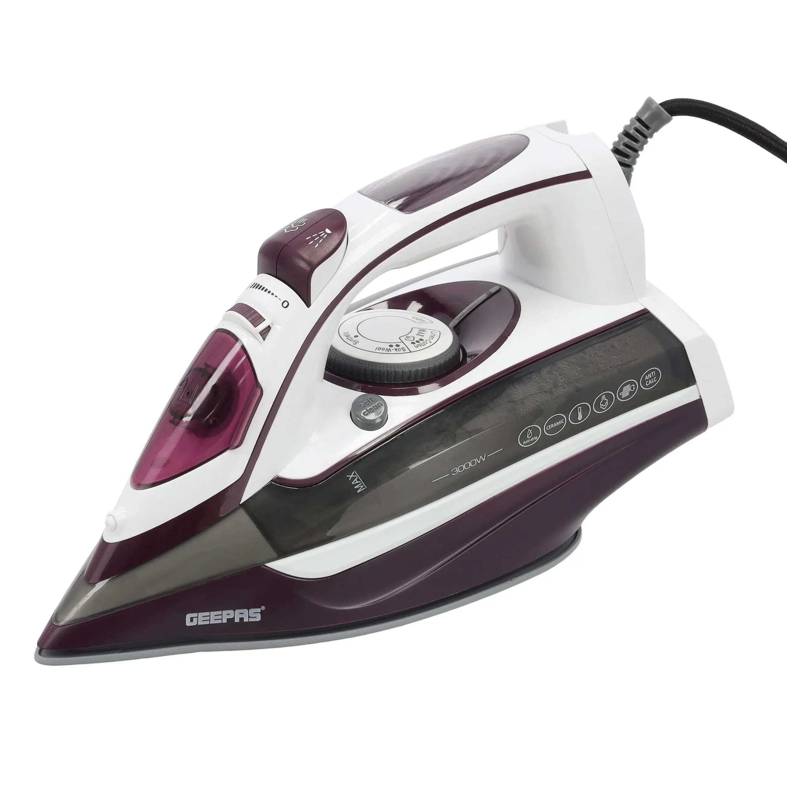 Geepas Ceramic Steam Iron, Temperature Control, Gsi24025 Ceramic Sole Plate, Wet And Dry Self Cleaning Function Powerful Steam Burst 480ML Water Tank