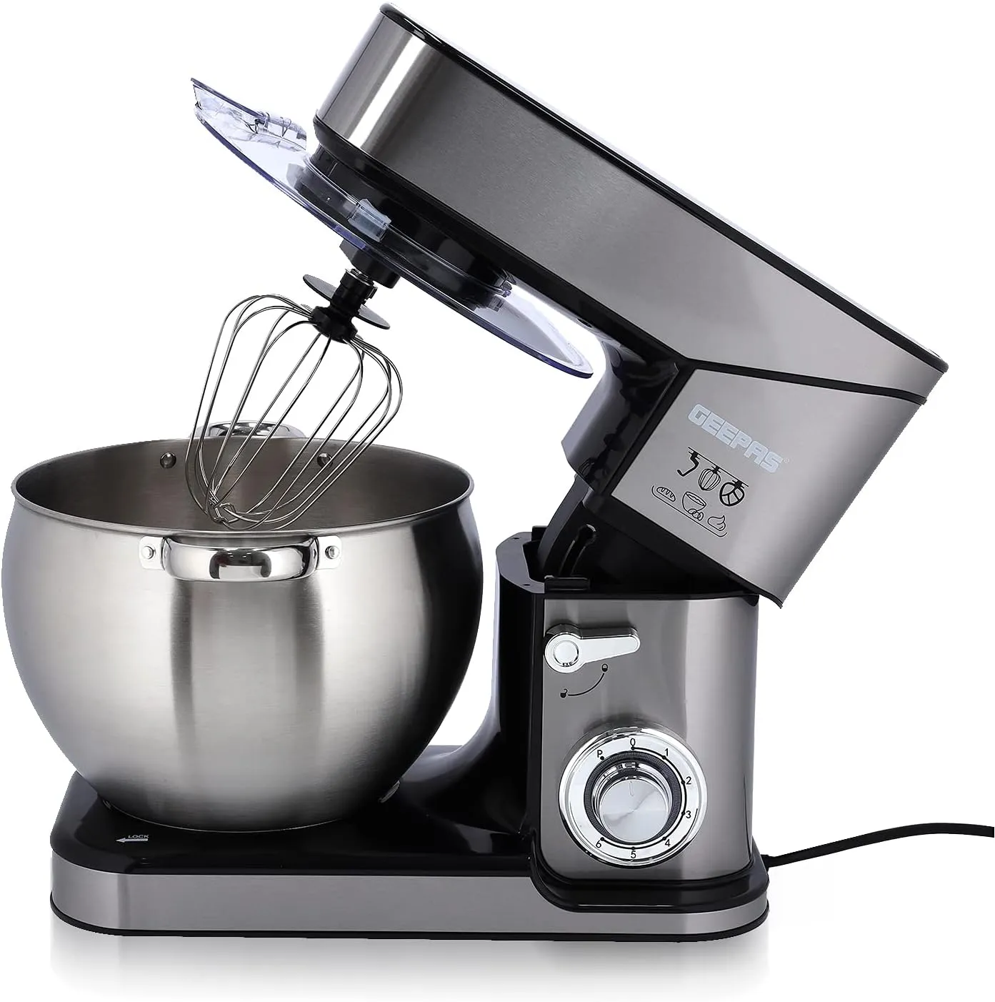 Geepas GSM43041 Kitchen Machine, 10L Capacity Stainless Steel Bowl Stand Mixer, 2000w, 6 Speed Control, 3 Mixing Tools; Whisk, Beater & Dough Hook