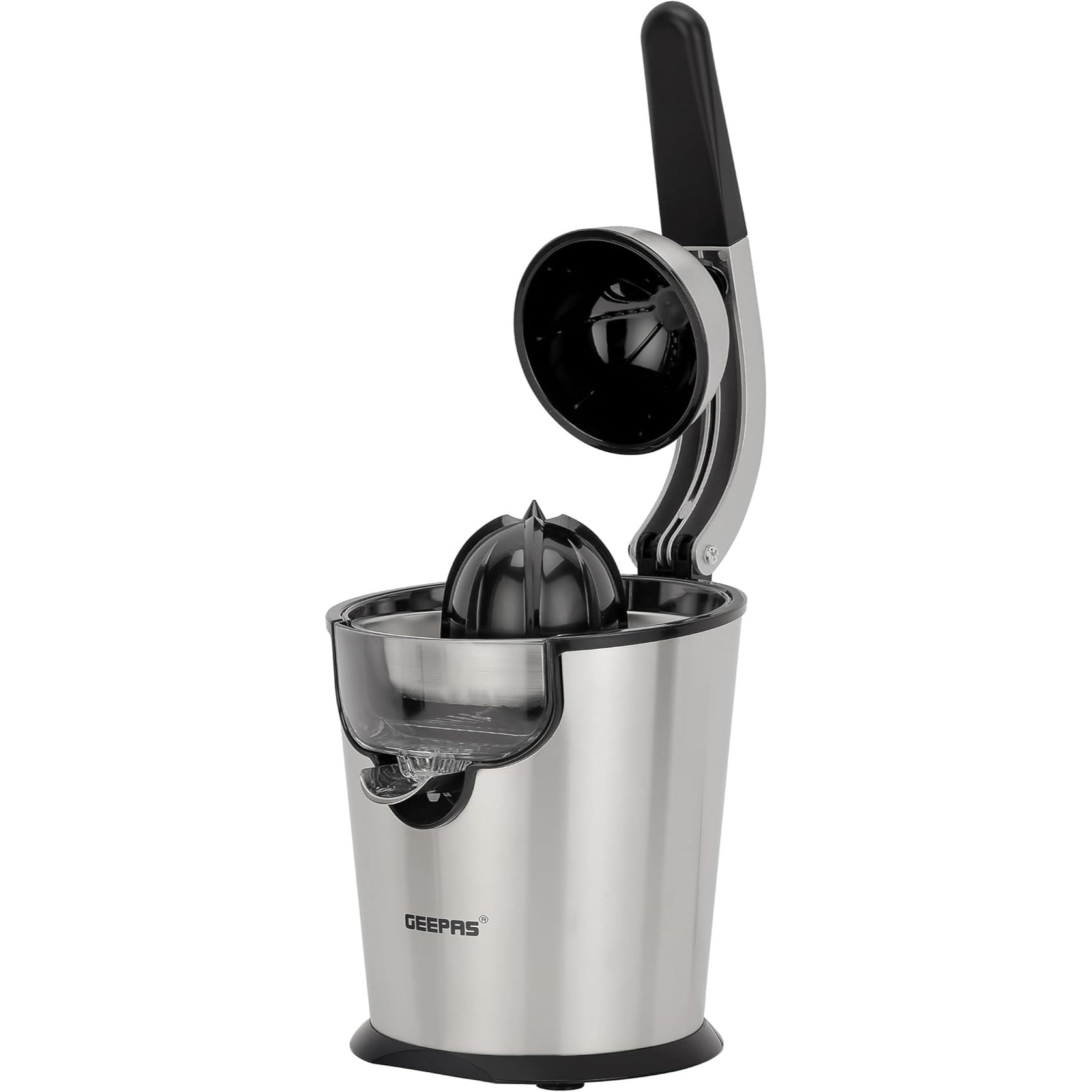 Geepas Stainless Steel Citrus Juicer-GCJ46018| Juicer for Orange Juice, Lemon| Deluxe Stainless Steel Body with Aluminum Die-Casting Handle| Metallic Silver