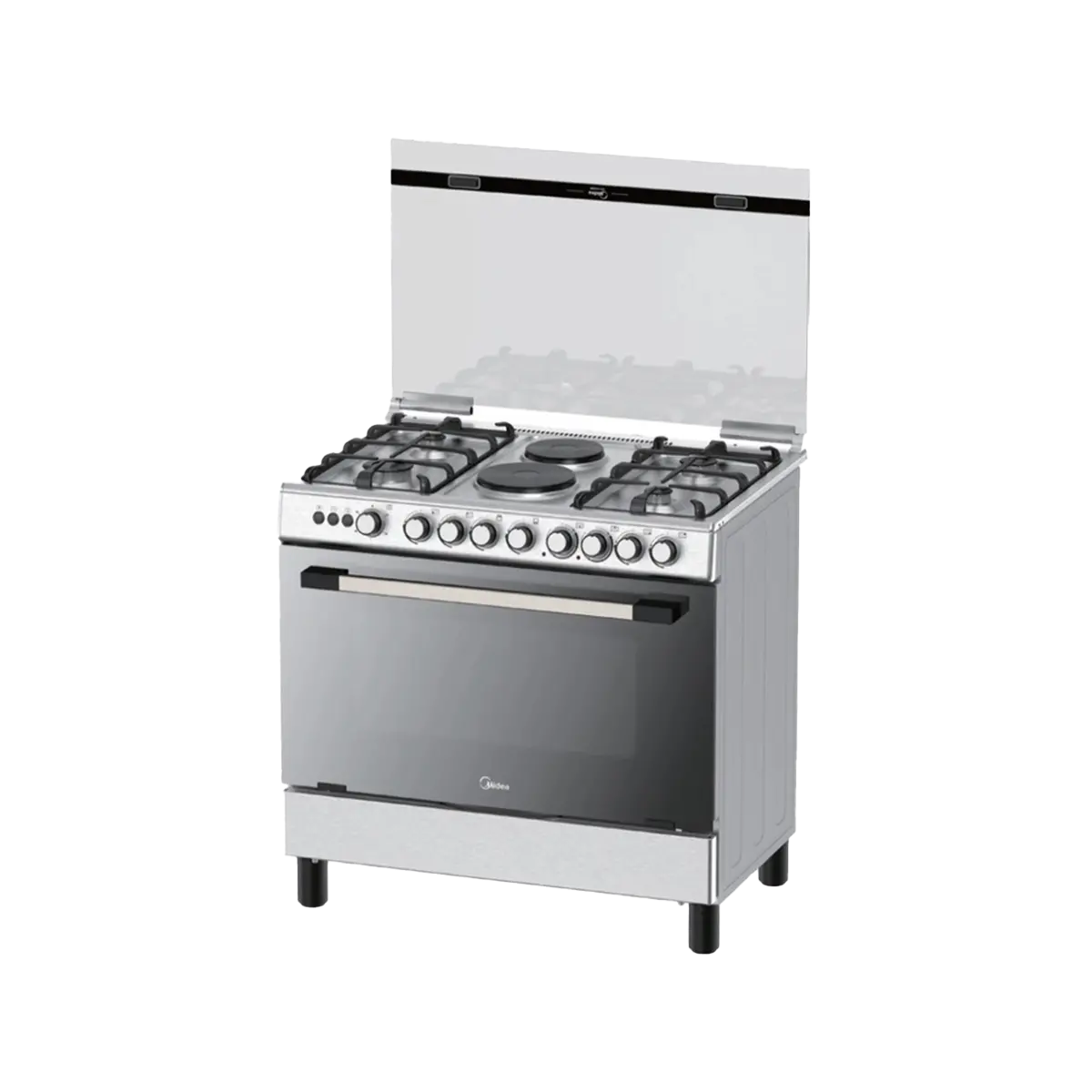 Midea 90×60 cm Kitchen Cooker – Gas & Electric, 4 Burners + 2 Plates, Oven with Grill & Rotisserie