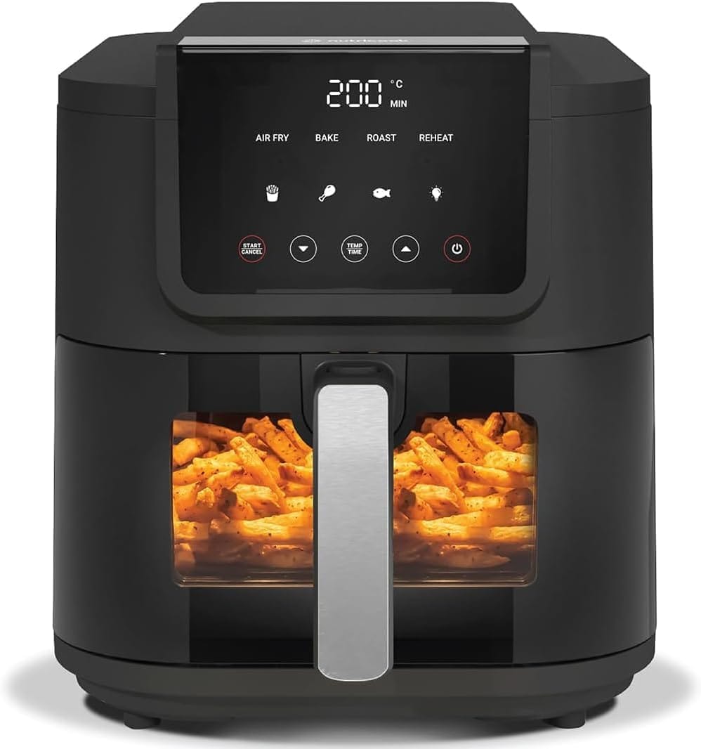 Nutricook Air Fryer Slim, 5L, 1KGs, Large Basket, Space-Saving Slim Design, Air Fry, Bake, Reheat, with 5 Presets, Clear Window & Light, AFS100, Black, 1500 Watts