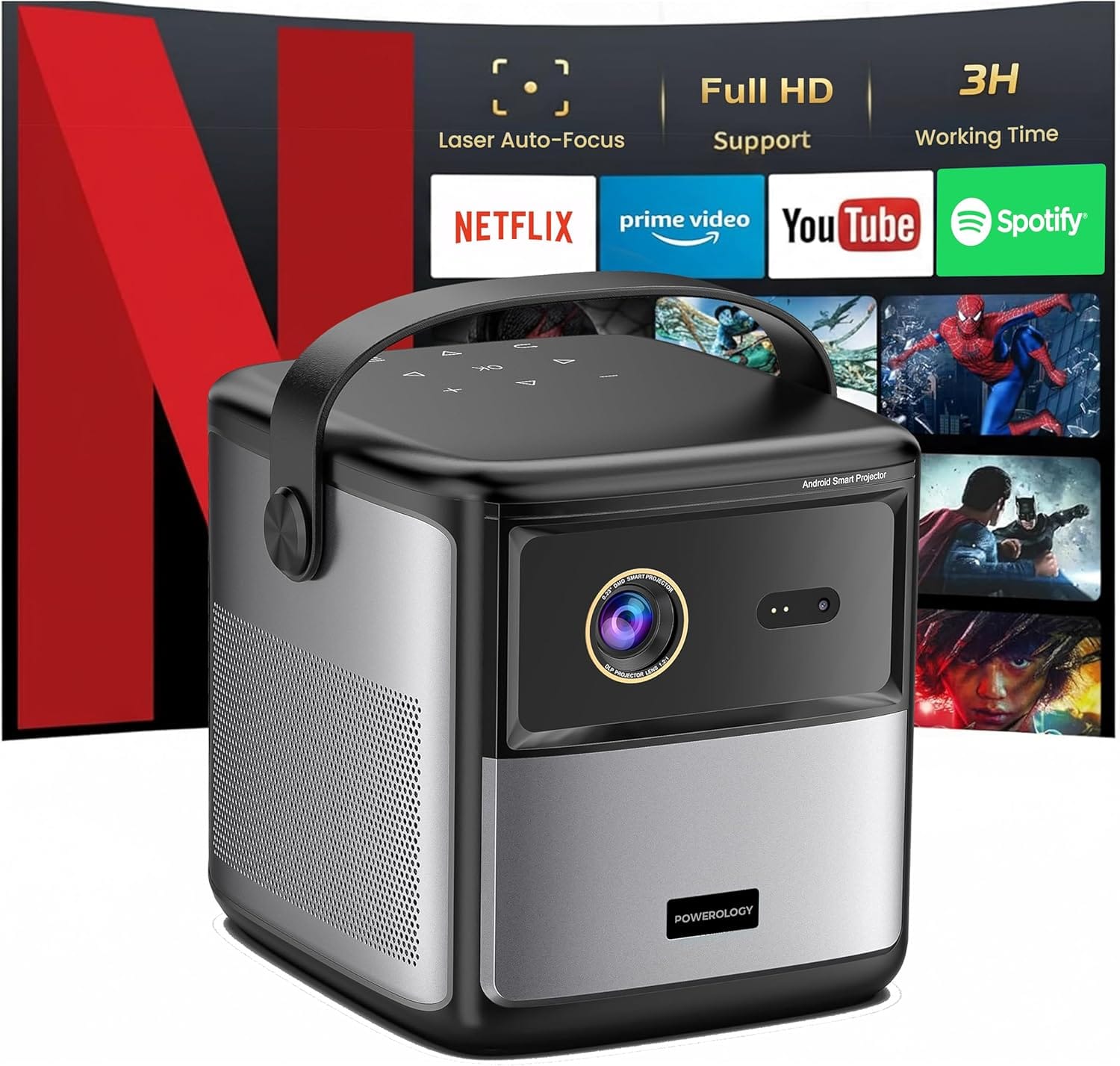 Powerology Starbeam 100" Android DLP 4K Projector, Full HD 1920x1080 Projector with 3H Work Time, Portable Projector with 2x 100w Speakers + Remote Control, Compatible with HDMI/USB/TV