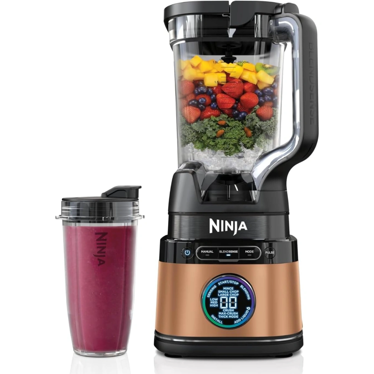 Ninja Detect Power Blender Pro & Single Serve 2-in-1, 1200W Blender with 2L Container, 1 Individual Cup, Blender for Smoothies and Iced Drinks, Vegetable Chopping, Black & Copper, TB301EUCP