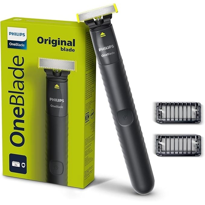 Philips OneBlade QP1424/10 Trim, Edge and Shave, 2 x Click-on Stubble Combs (1, 3 mm), Rechargeable, Wet & Dry Use