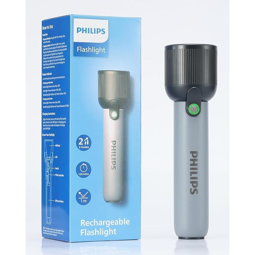 PHILIPS Handheld Torch Light, 2000mAh Rechargeable Torch Light with 2 Modes,400LM & IP44 Waterproof, Portable Flash Light for Home, Camping, Hiking, Emergency（Gray）