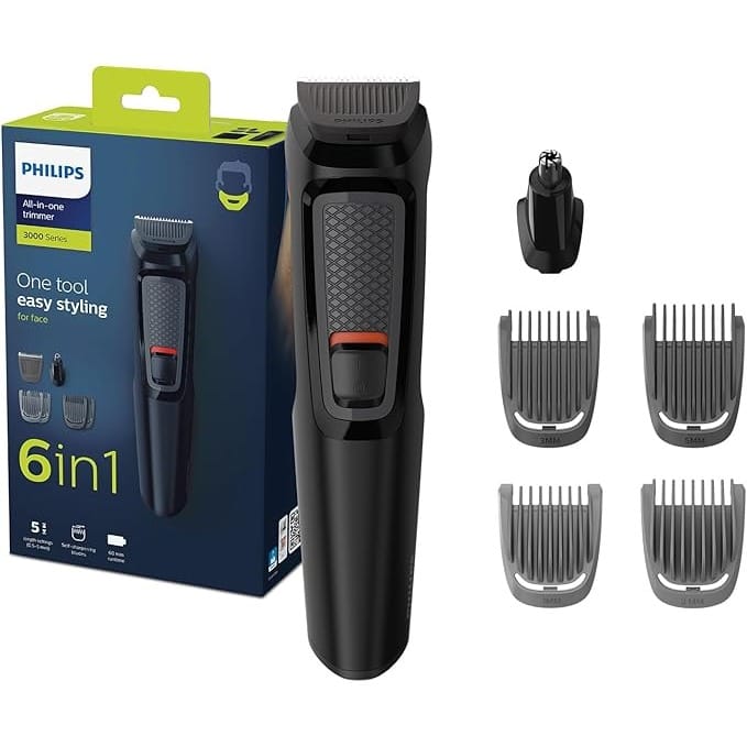 Philips Multigroom Series 3000 for Face, 6-in-1 Grooming Kit for beard, moustache, nose & ear hair, cordless, 60 min runtime, 16h full charging time, MG3710/33,Black