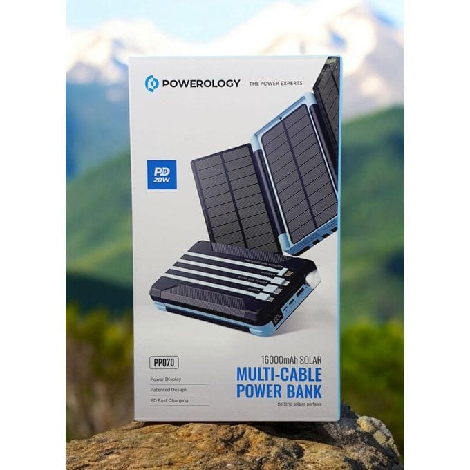 Powerology 16000mAh Solar Multi-Cable Power Bank PD 20W with Built-In Cables & LED Display – Black