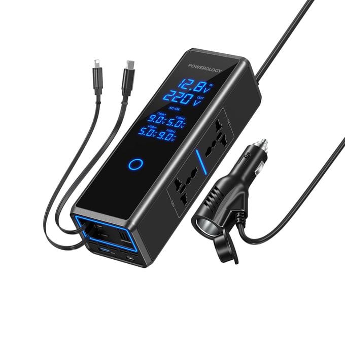 Powerology 300W Car Power Inverter DC 12V to 220V AC with Dual AC Sockets, PD USB-C Fast Charging & Retractable Cables – Black