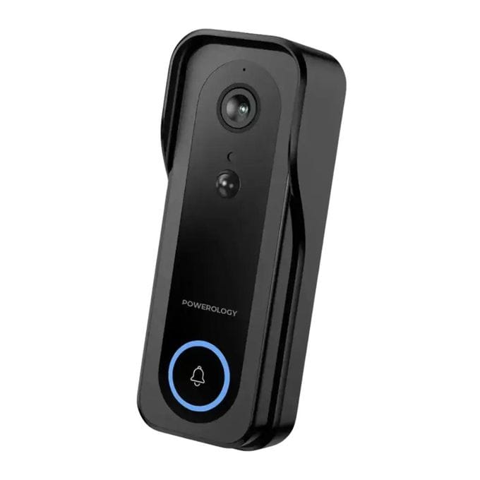 Powerology Smart Doorbell Camera – 3MP HD, IP65 Weatherproof, Night Vision & Two-Way Audio – Black