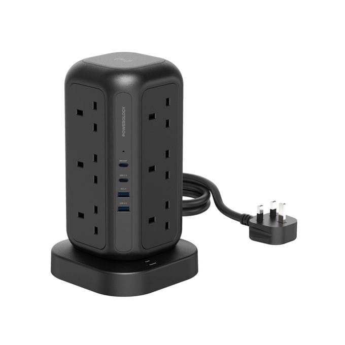 Powerology 35W Socket Tower with 15W Wireless Charger – 12 UK Sockets, 1700J Surge Protection, 3M Cable (Black)
