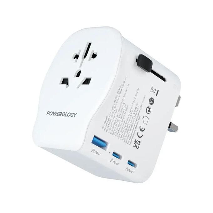 Powerology Universal Travel Adapter 2300W with GaN Fast Charging, 45W USB-C, Multi-Country Plug – White