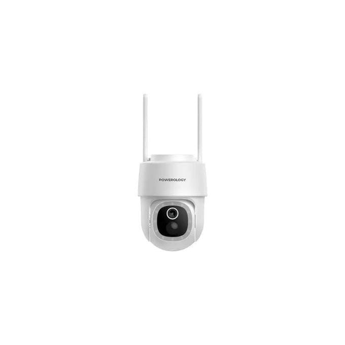 Powerology Built-In Solar Pan & Tilt Outdoor Security Camera – 2304×1269P HD, IR Night Vision, Two-Way Audio, IP65 Waterproof – White