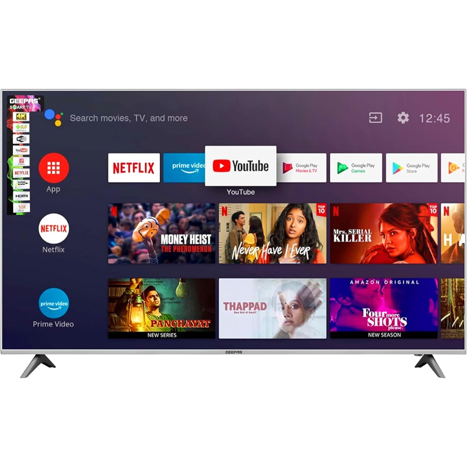 Geepas 65 inches 4K Ultra HD LED Android Smart TV WiFi with Netflix, YouTube, Mirror cast, power saving, slim LED TV with three HDMI inputs, Black GLED6559 - DVBT2/S2