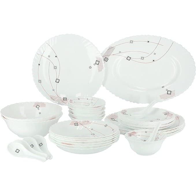 Royalford 33Pcs Opal Ware Dinner Set - Floral Design Plates, Bowls, Spoons | Comfortable Handling | Perfect for Family Everyday Use, and Family Get- Together, Restaurant, Banquet and More (Blue and Red)