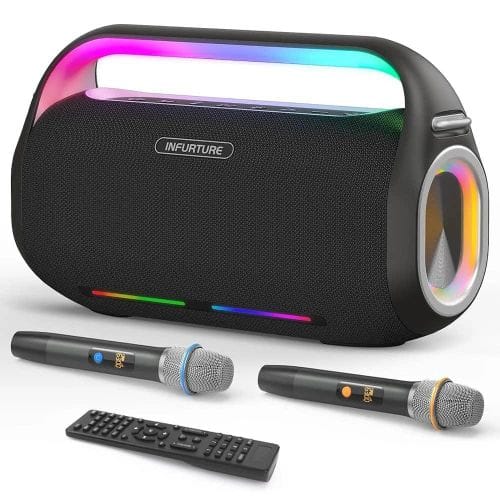 INFURTURE Karaoke Machine, 350W Portable Bluetooth Speaker with 2 Wireless Microphones, 15H Playtime Karaoke Speaker with TWS System/EQ/Deep Bass,Supports TF Card/USB, AUX in for Party, Outdoor