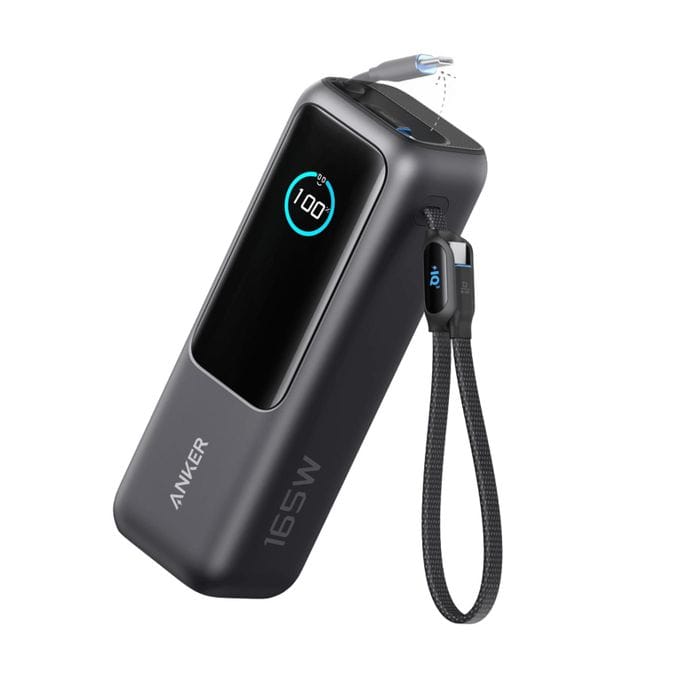 Anker Laptop Power Bank 25,000mAh 165W – Triple 100W USB-C, Built-In & Retractable Cables – Black