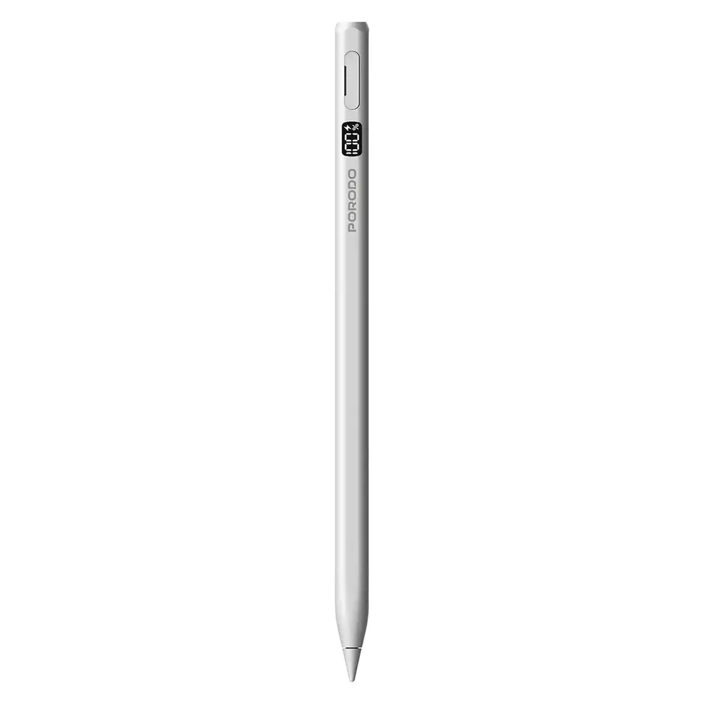 Porodo Magnetic Stylus Pen for Apple iPad (2018-2025) with Dual Wireless & USB-C Charging, Pencil with Palm Rejection, Tilt Sensitivity, and LED Battery Display - White