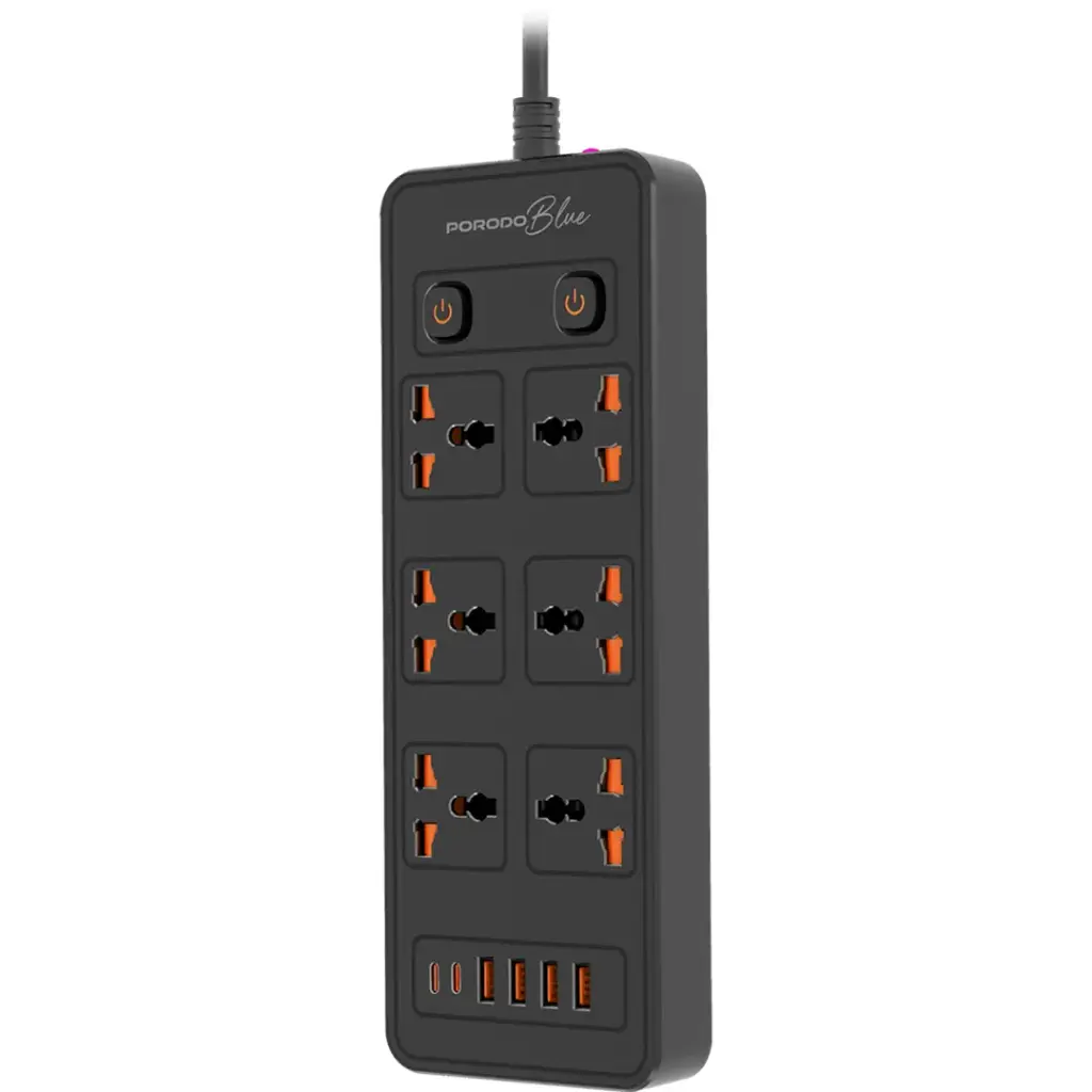 Porodo Blue 6 AC - Dual Switch Power Strip - Black