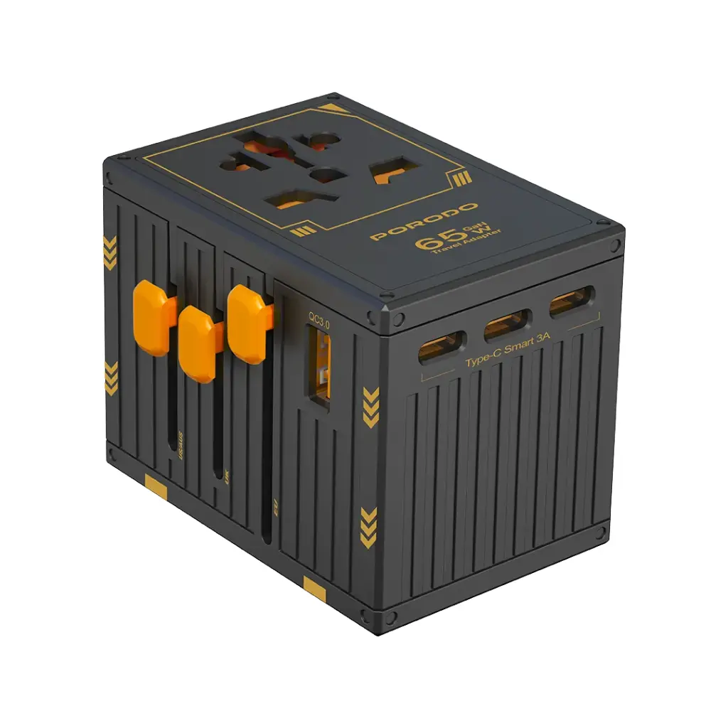 Porodo GaN 5-Port Travel Block Universal Charger, PD 65W Fast Charging, Built-in Safeguards, Dual Fuse, Fuse Protection, 4 USB-C, 1 USB-A, 2500W Max Rated Power