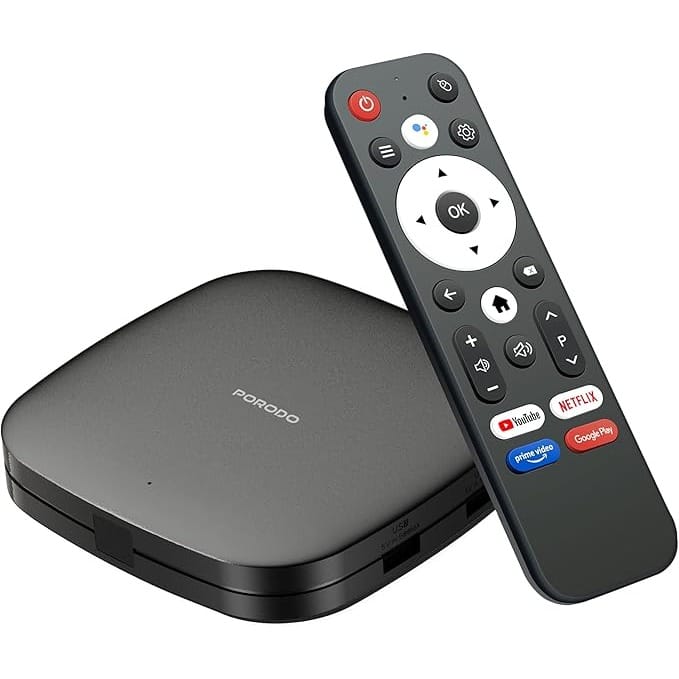 Porodo Android TV Box, 1080P Full HD Streaming Device Android TV 9.0, Dual Band Connectivity, 5G WiFi, Voice Support Bluetooth Remote Control, 2GB RAM/8GB ROM, HDMI/USB/LAN/AV Out (Black)