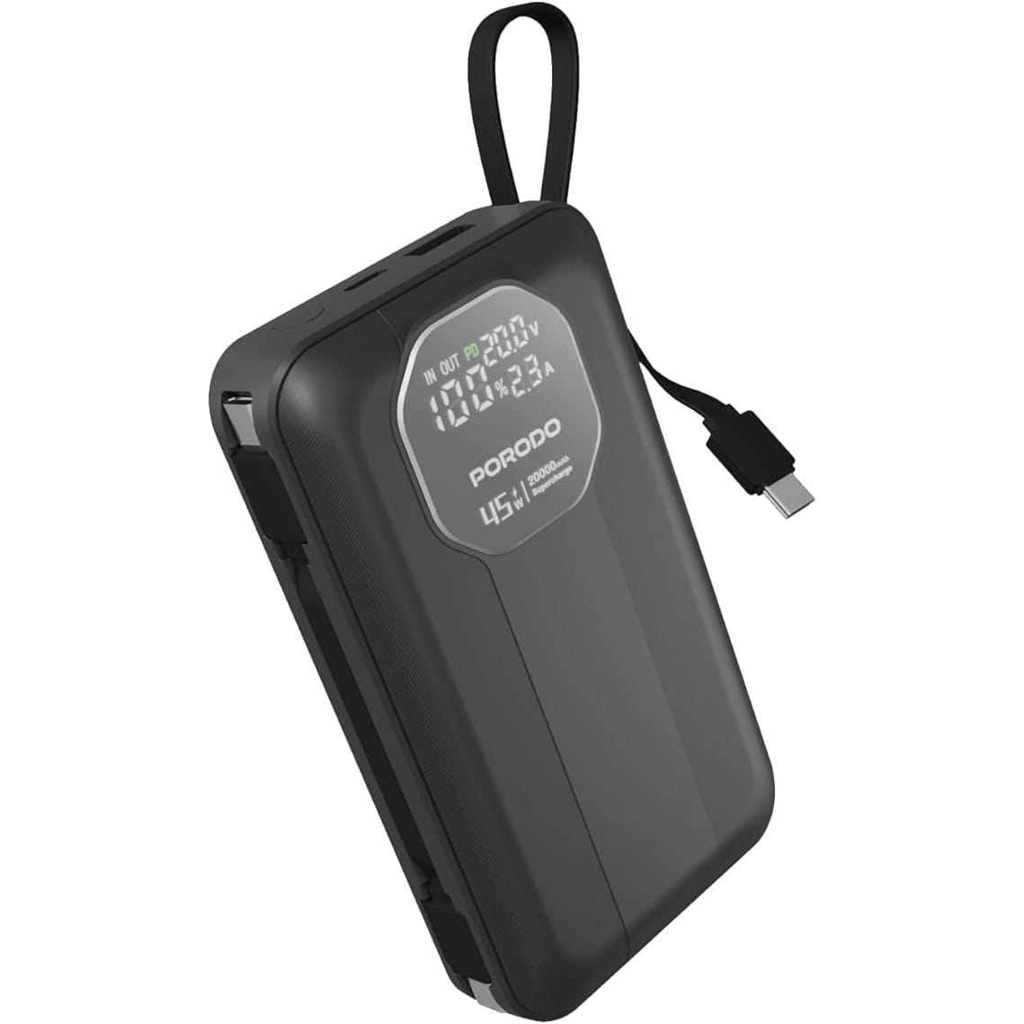 Porodo 20000mAh Power Bank, PD 45W, QC 22.5W, Dual Built-in Cable, Multi-Device Charging, LED Info Display, 114mm Detachable USB-C Cable, 155mm Retractable USB-C Cable - Black