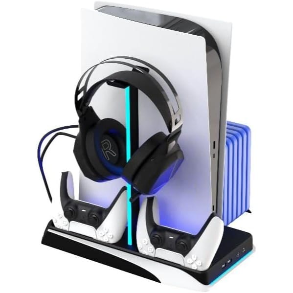 Porodo Gaming Multi-Function PS5 and Headphone Cooling and Charging Hub, RGB light, 12 Disc Storage, 3 Level Cooling Fan Speed, ABS Material (Black/White)