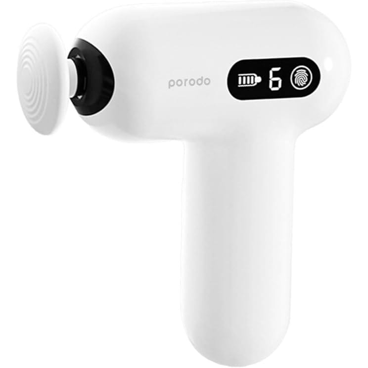 Porodo Lifestyle Massage Gun 1500mAh Battery, Active Precision Massager, 6mm Massage Stroke, Digital Touch Display, 6 Adjustable Speed, Ergonomic & Low Noise Design, Portable & Lightweight - White