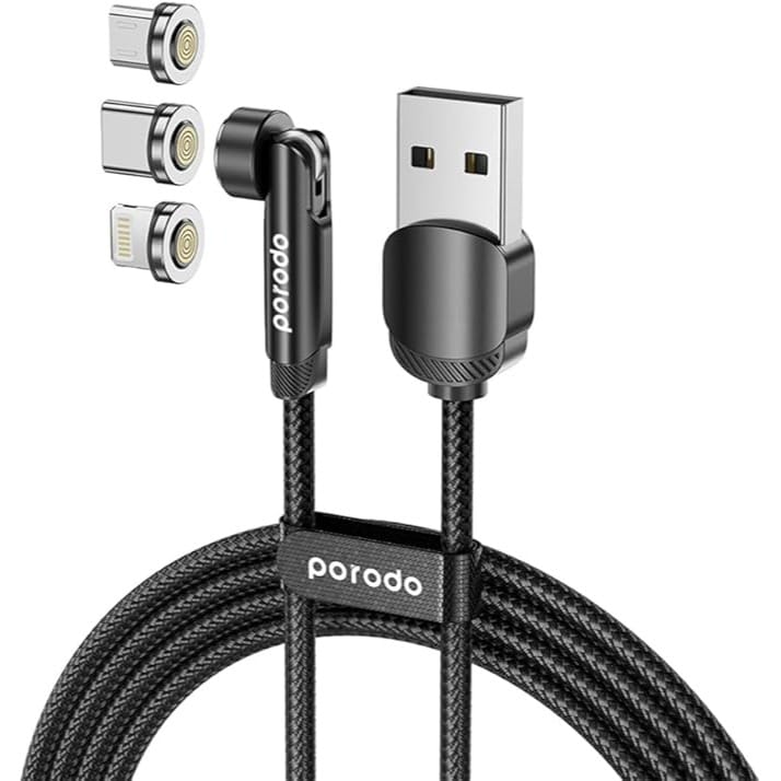 Porodo (PD-31MGC-BK) 3IN1 TPE CABLE WITH ROTATABLE HEAD FOR MICRO + LIGHTNING + TYPE-C - BLACK